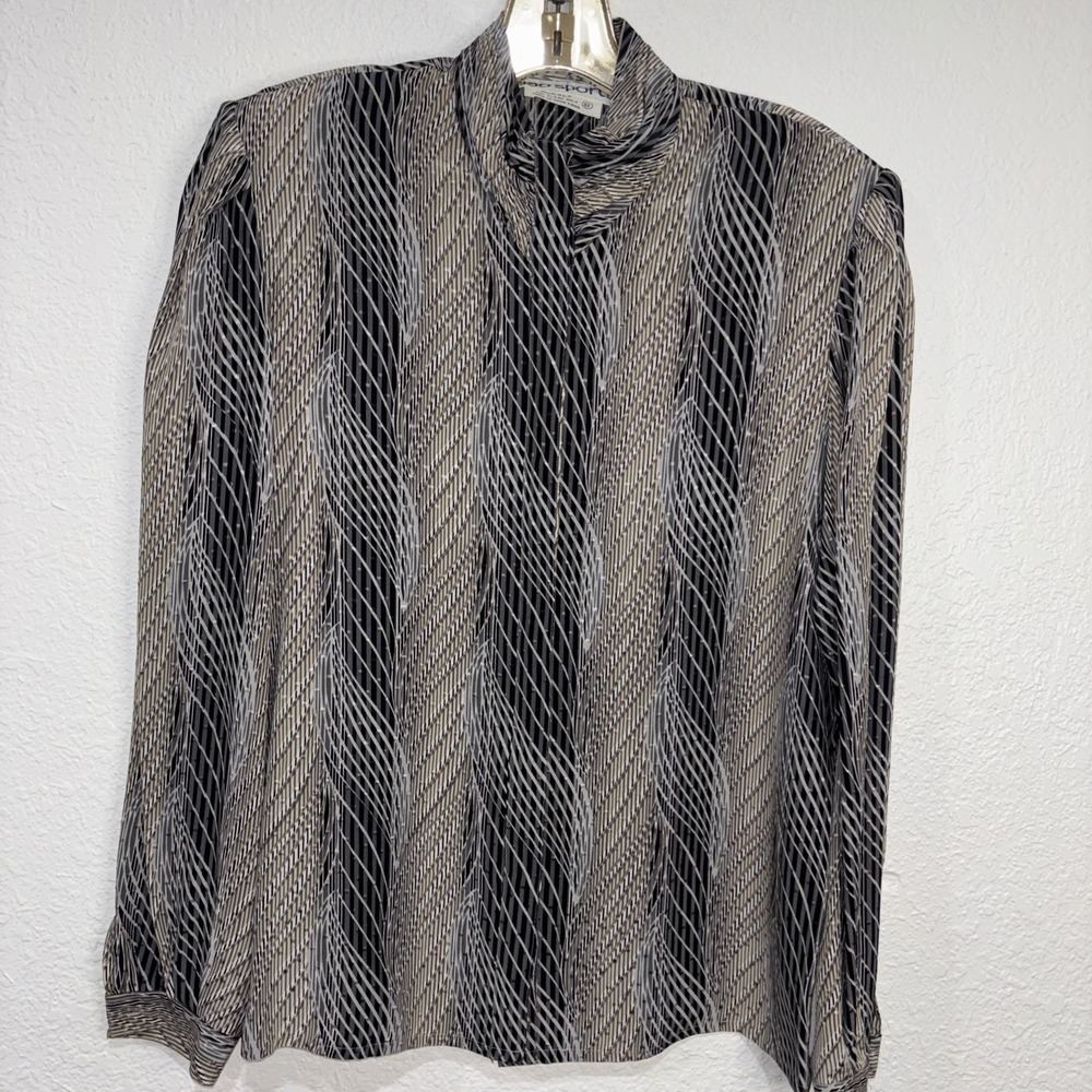 Ciao Sport  Vintage 100%Silk  Houndstooth Blouse‎ Sz 8 W/ Shoulder Pads Black